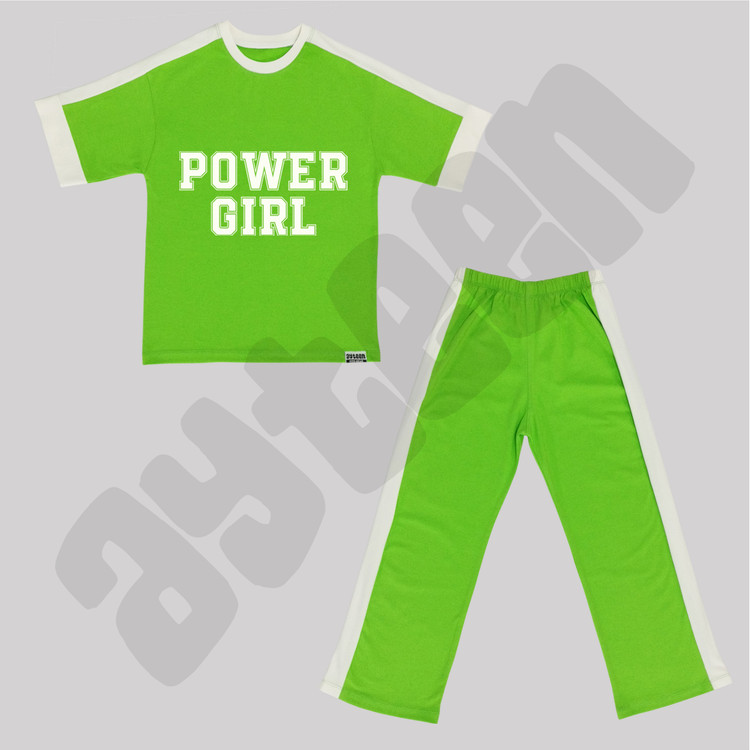 ست دخترانه آستین کوتاه و شلوار بغل نوار طرح POWER GIRL