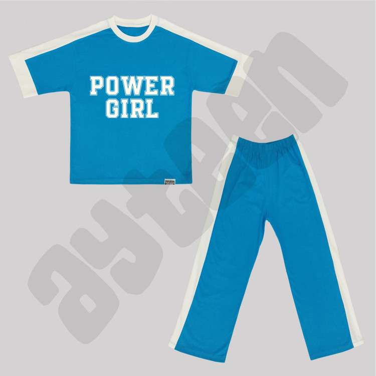 ست دخترانه آستین کوتاه و شلوار بغل نوار طرح POWER GIRL