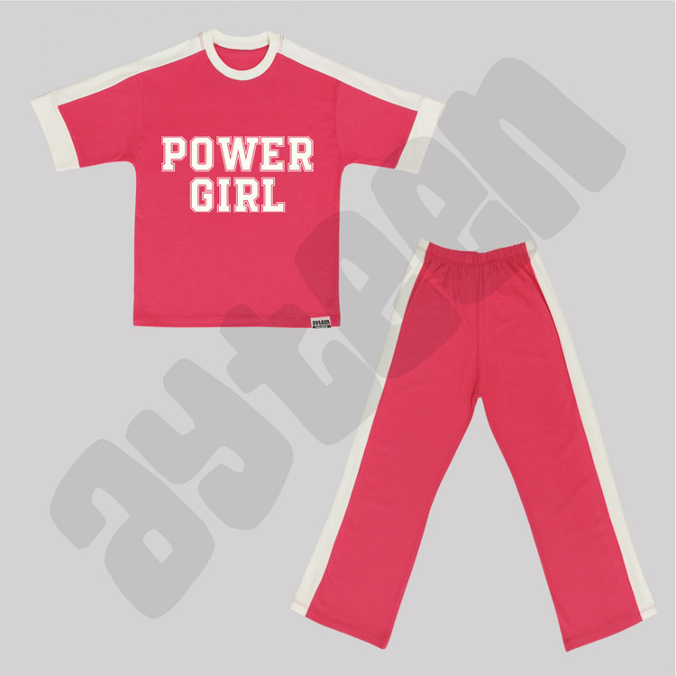 ست دخترانه آستین کوتاه و شلوار بغل نوار طرح POWER GIRL