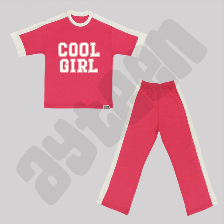 ست دخترانه آستین کوتاه و شلوار بغل نوار طرح COOL GIRL