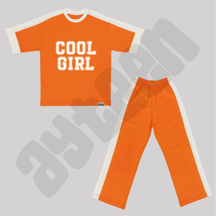 ست دخترانه آستین کوتاه و شلوار بغل نوار طرح COOL GIRL