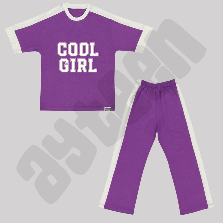 ست دخترانه آستین کوتاه و شلوار بغل نوار طرح COOL GIRL