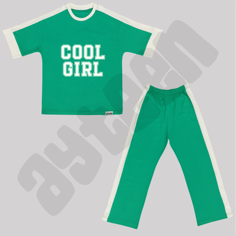 ست دخترانه آستین کوتاه و شلوار بغل نوار طرح COOL GIRL