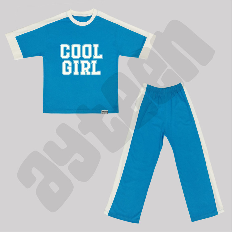 ست دخترانه آستین کوتاه و شلوار بغل نوار طرح COOL GIRL
