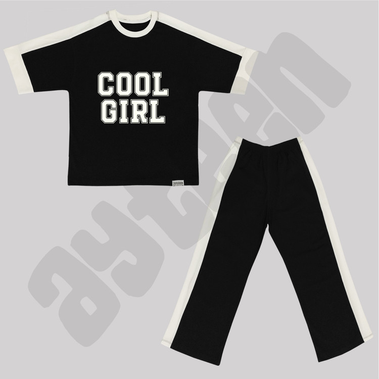ست دخترانه آستین کوتاه و شلوار بغل نوار طرح COOL GIRL