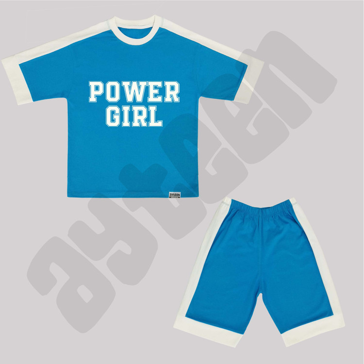ست دخترانه آستین کوتاه و شلوارک بغل نوار طرح POWER GIRL