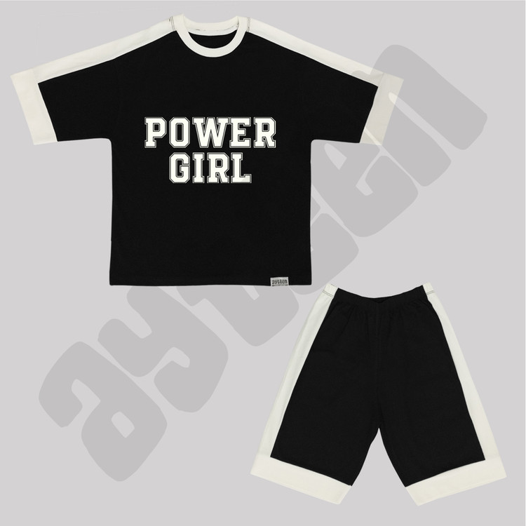 ست دخترانه آستین کوتاه و شلوارک بغل نوار طرح POWER GIRL