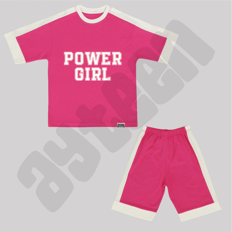 ست دخترانه آستین کوتاه و شلوارک بغل نوار طرح POWER GIRL