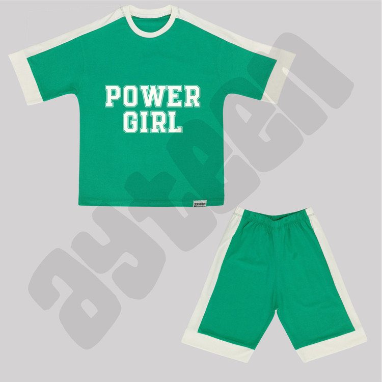 ست دخترانه آستین کوتاه و شلوارک بغل نوار طرح POWER GIRL