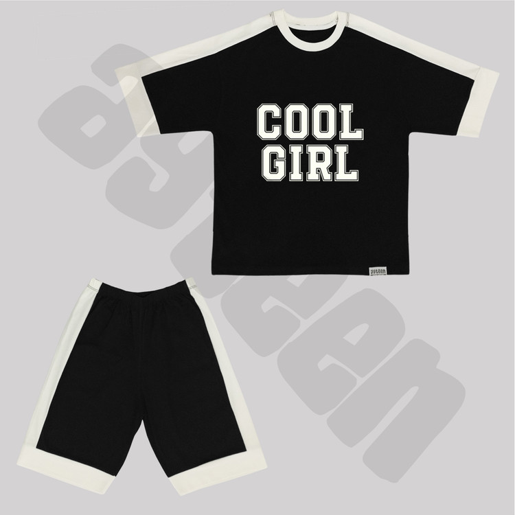 ست دخترانه آستین کوتاه و شلوارک بغل نوار طرح COOL GIRL