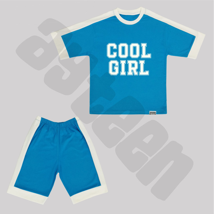 ست دخترانه آستین کوتاه و شلوارک بغل نوار طرح COOL GIRL
