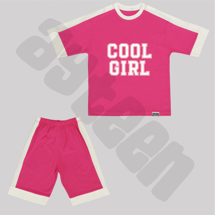 ست دخترانه آستین کوتاه و شلوارک بغل نوار طرح COOL GIRL