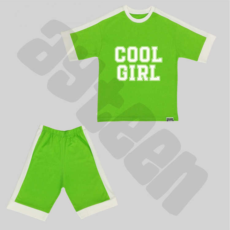ست دخترانه آستین کوتاه و شلوارک بغل نوار طرح COOL GIRL