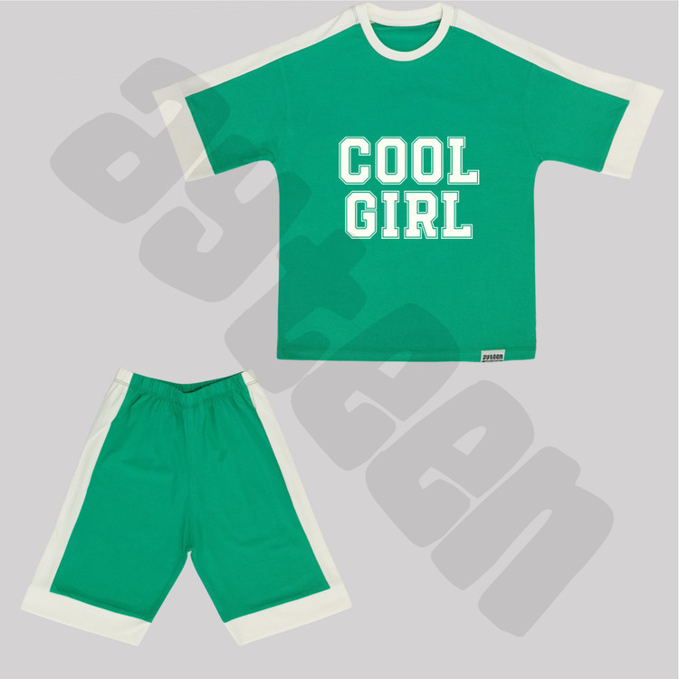ست دخترانه آستین کوتاه و شلوارک بغل نوار طرح COOL GIRL