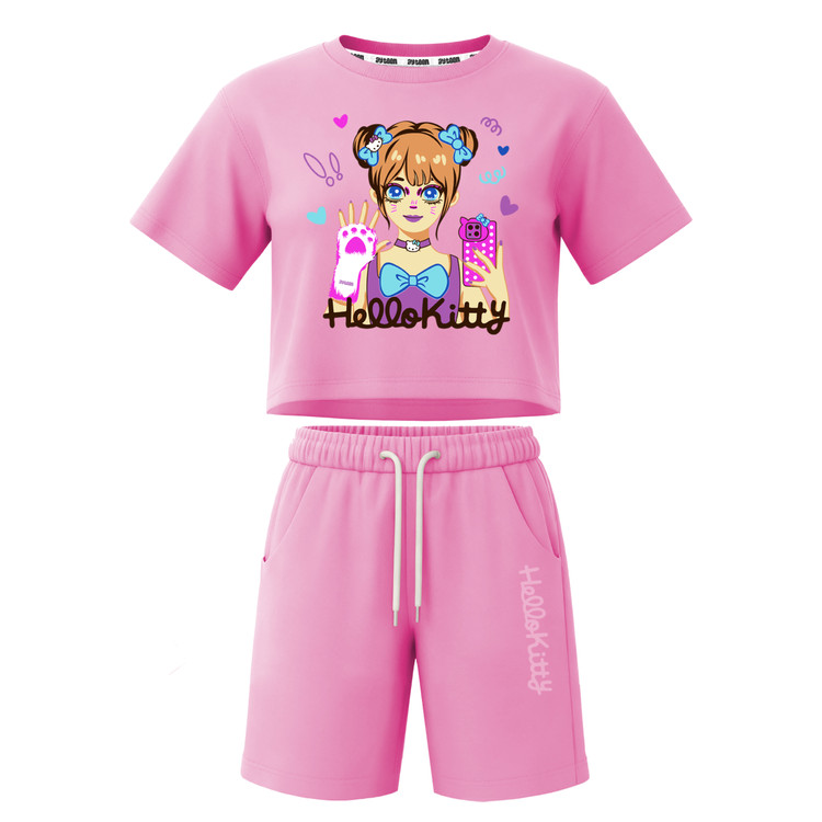ست تیشرت آستین کوتاه کراپ باکسی و شلوارک دخترانه طرح کیتی hello kitty
