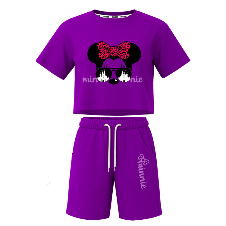 ست تیشرت آستین کوتاه کراپ باکسی و شلوارک دخترانه طرح ماینی موس minnie