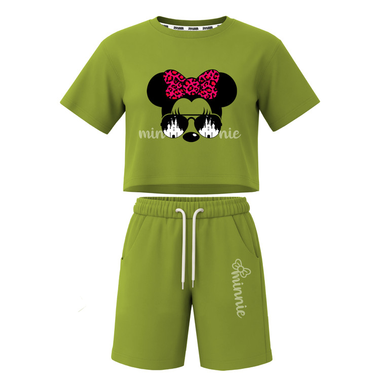 ست تیشرت آستین کوتاه کراپ باکسی و شلوارک دخترانه طرح ماینی موس minnie