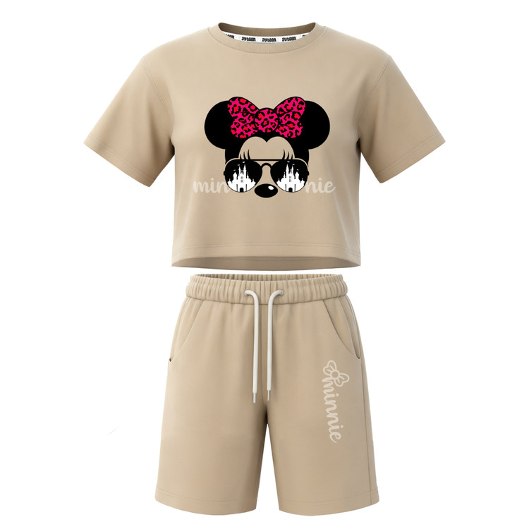 ست تیشرت آستین کوتاه کراپ باکسی و شلوارک دخترانه طرح ماینی موس minnie