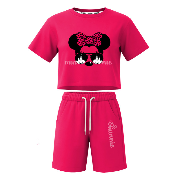 ست تیشرت آستین کوتاه کراپ باکسی و شلوارک دخترانه طرح ماینی موس minnie