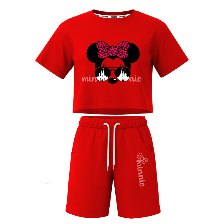 ست تیشرت آستین کوتاه کراپ باکسی و شلوارک دخترانه طرح ماینی موس minnie