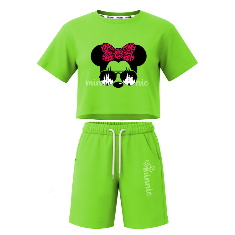 ست تیشرت آستین کوتاه کراپ باکسی و شلوارک دخترانه طرح ماینی موس minnie