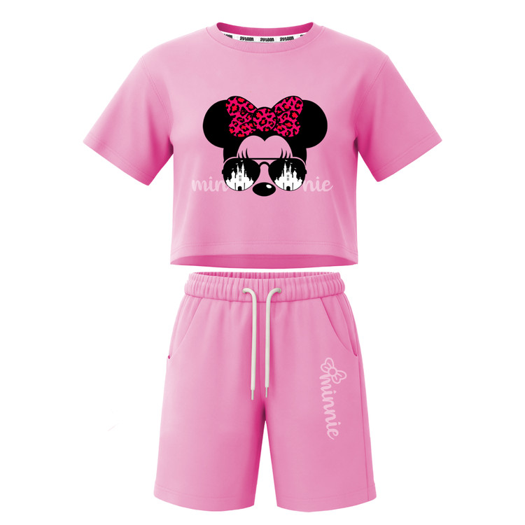 ست تیشرت آستین کوتاه کراپ باکسی و شلوارک دخترانه طرح ماینی موس minnie