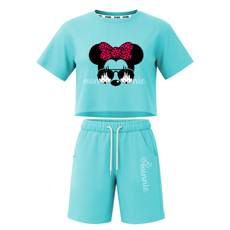 ست تیشرت آستین کوتاه کراپ باکسی و شلوارک دخترانه طرح ماینی موس minnie
