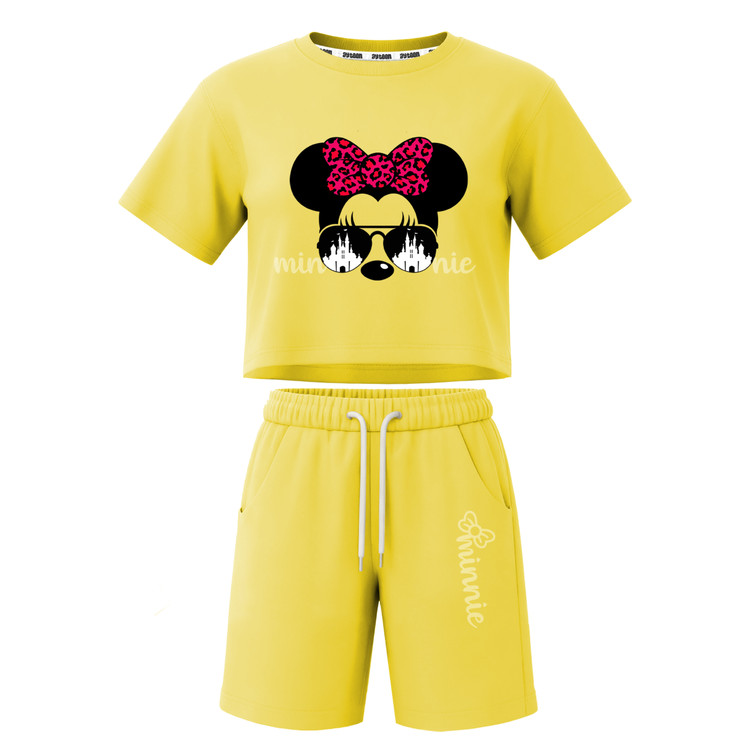 ست تیشرت آستین کوتاه کراپ باکسی و شلوارک دخترانه طرح ماینی موس minnie