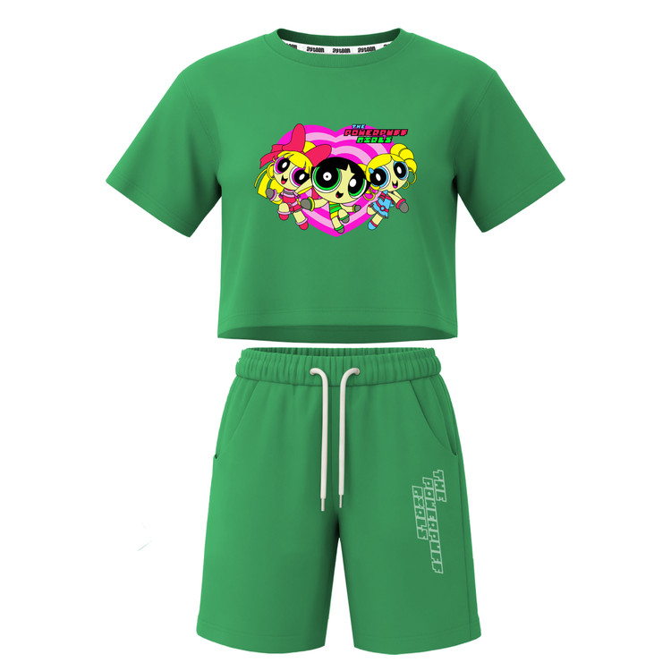 ست تیشرت آستین کوتاه کراپ باکسی و شلوارک دخترانه طرح پاورپاف powerpuff girls