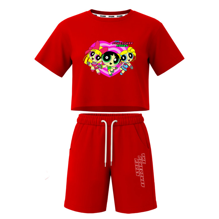 ست تیشرت آستین کوتاه کراپ باکسی و شلوارک دخترانه طرح پاورپاف powerpuff girls