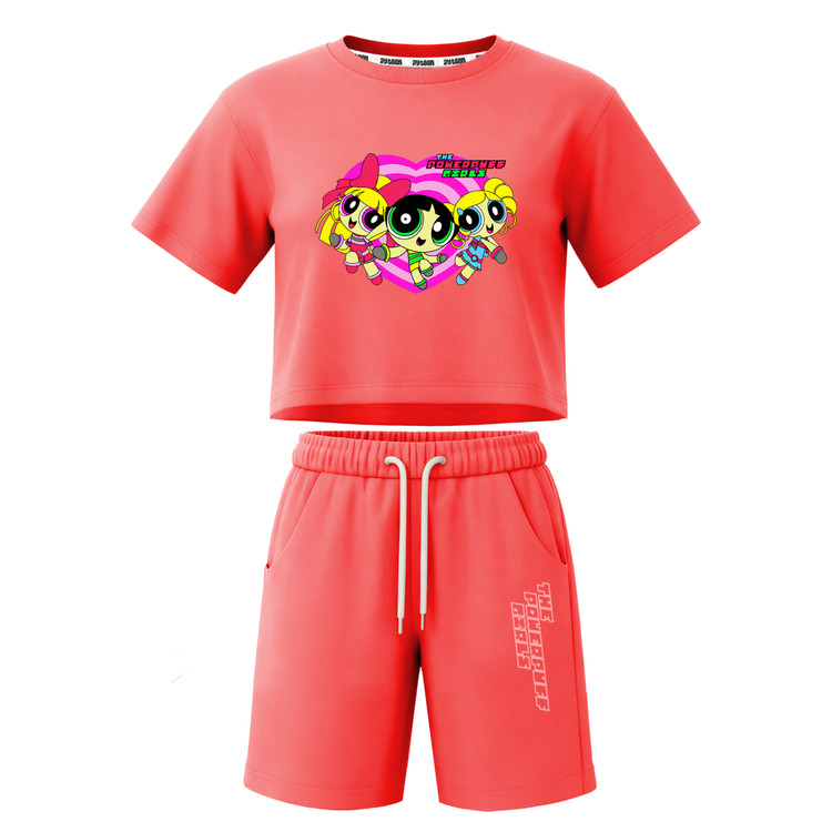 ست تیشرت آستین کوتاه کراپ باکسی و شلوارک دخترانه طرح پاورپاف powerpuff girls