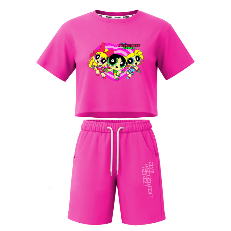 ست تیشرت آستین کوتاه کراپ باکسی و شلوارک دخترانه طرح پاورپاف powerpuff girls
