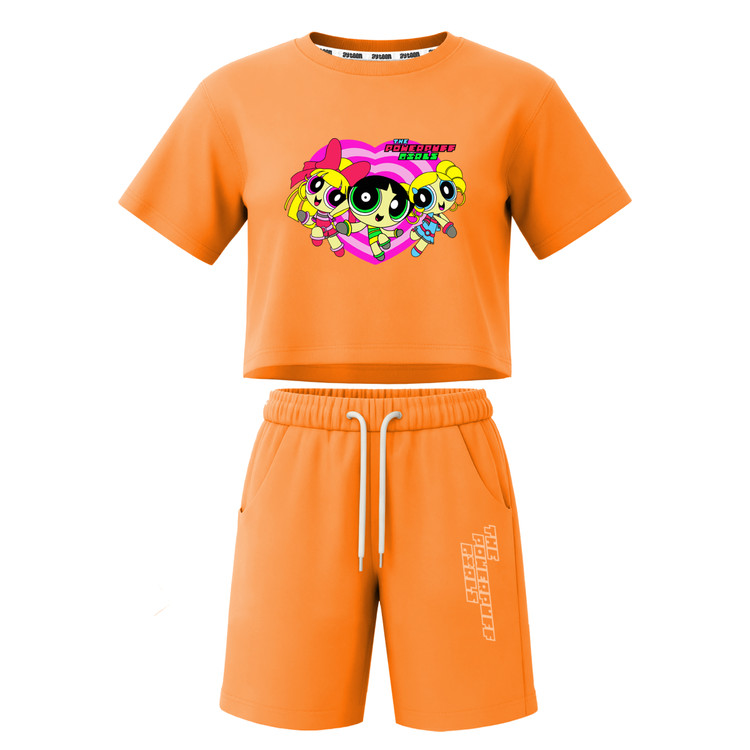 ست تیشرت آستین کوتاه کراپ باکسی و شلوارک دخترانه طرح پاورپاف powerpuff girls