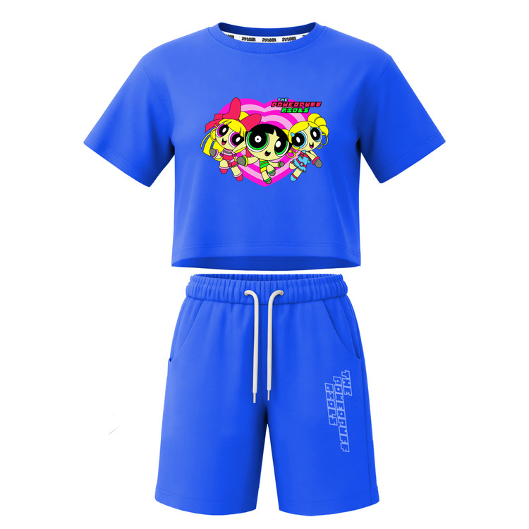 ست تیشرت آستین کوتاه کراپ باکسی و شلوارک دخترانه طرح پاورپاف powerpuff girls