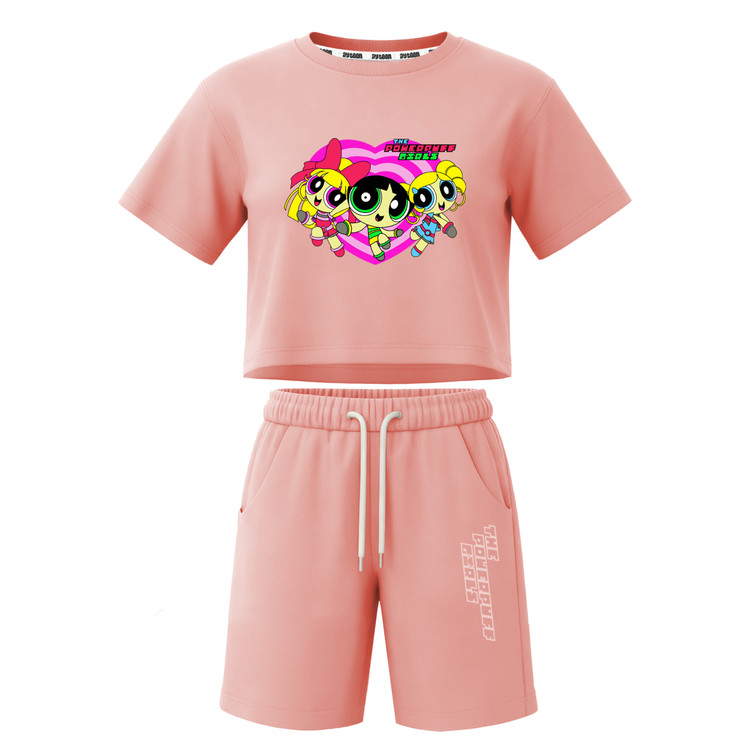 ست تیشرت آستین کوتاه کراپ باکسی و شلوارک دخترانه طرح پاورپاف powerpuff girls