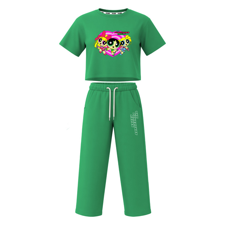 ست تیشرت آستین کوتاه کراپ باکسی و شلوار بگ دخترانه طرح پاورپاف powerpuff girls
