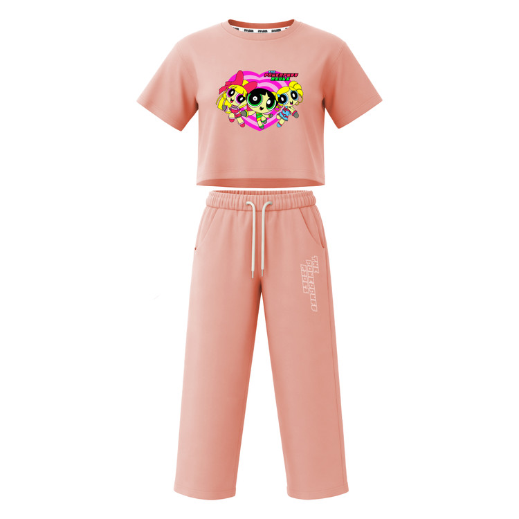 ست تیشرت آستین کوتاه کراپ باکسی و شلوار بگ دخترانه طرح پاورپاف powerpuff girls