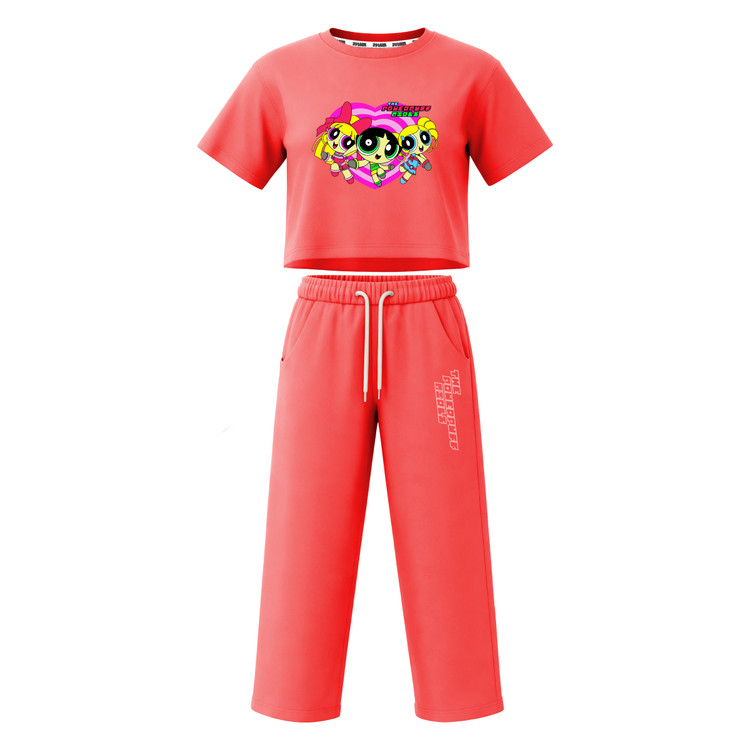 ست تیشرت آستین کوتاه کراپ باکسی و شلوار بگ دخترانه طرح پاورپاف powerpuff girls