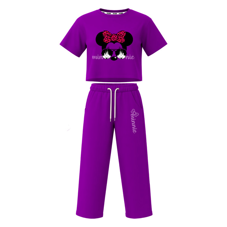 ست تیشرت آستین کوتاه کراپ باکسی و شلوار بگ دخترانه طرح ماینی موس minnie