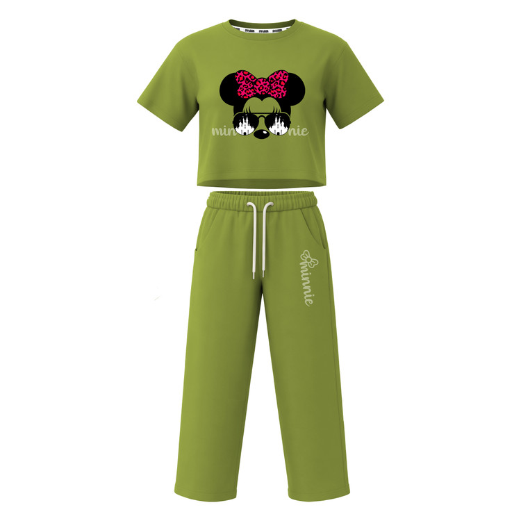 ست تیشرت آستین کوتاه کراپ باکسی و شلوار بگ دخترانه طرح ماینی موس minnie