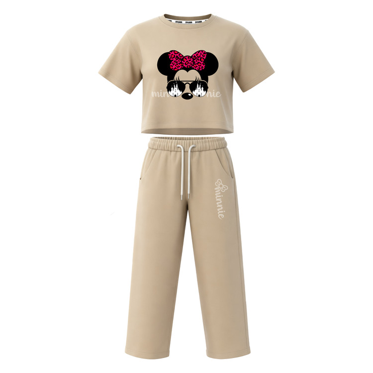 ست تیشرت آستین کوتاه کراپ باکسی و شلوار بگ دخترانه طرح ماینی موس minnie