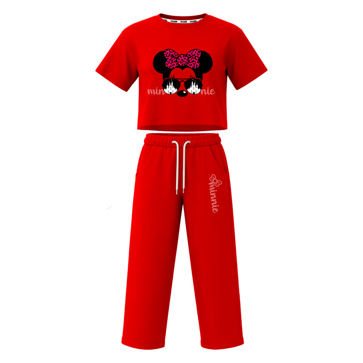 ست تیشرت آستین کوتاه کراپ باکسی و شلوار بگ دخترانه طرح ماینی موس minnie
