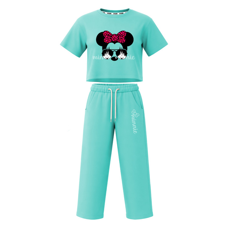 ست تیشرت آستین کوتاه کراپ باکسی و شلوار بگ دخترانه طرح ماینی موس minnie