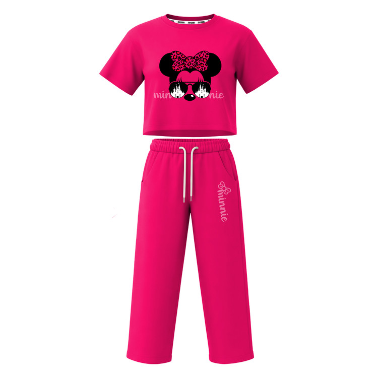 ست تیشرت آستین کوتاه کراپ باکسی و شلوار بگ دخترانه طرح ماینی موس minnie