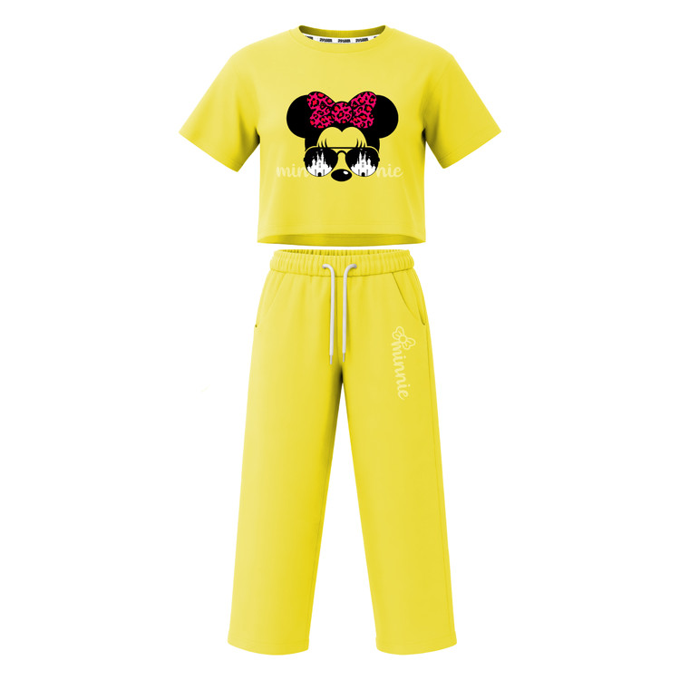 ست تیشرت آستین کوتاه کراپ باکسی و شلوار بگ دخترانه طرح ماینی موس minnie