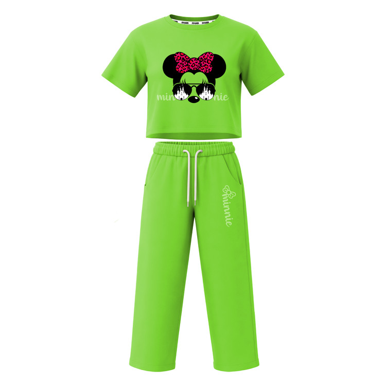 ست تیشرت آستین کوتاه کراپ باکسی و شلوار بگ دخترانه طرح ماینی موس minnie