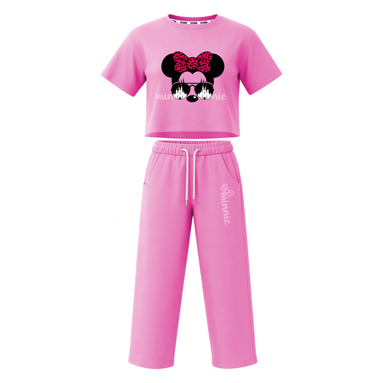 ست تیشرت آستین کوتاه کراپ باکسی و شلوار بگ دخترانه طرح ماینی موس minnie