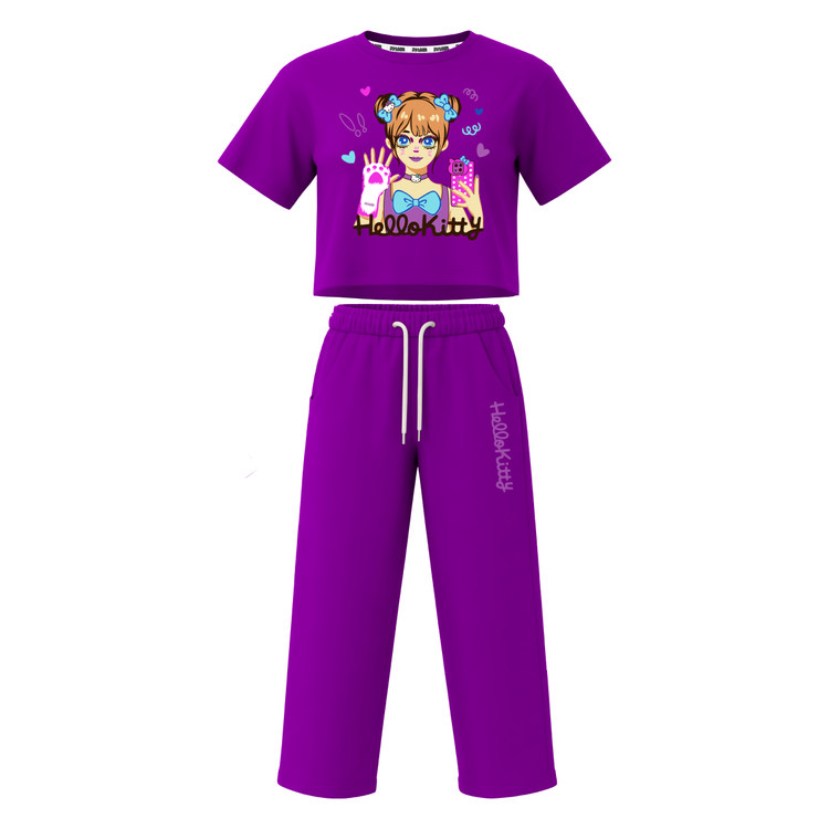ست تیشرت آستین کوتاه کراپ باکسی و شلوار بگ دخترانه طرح کیتی hello kitty