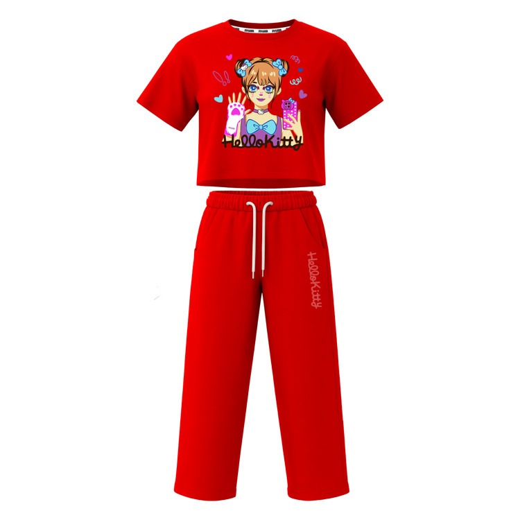 ست تیشرت آستین کوتاه کراپ باکسی و شلوار بگ دخترانه طرح کیتی hello kitty