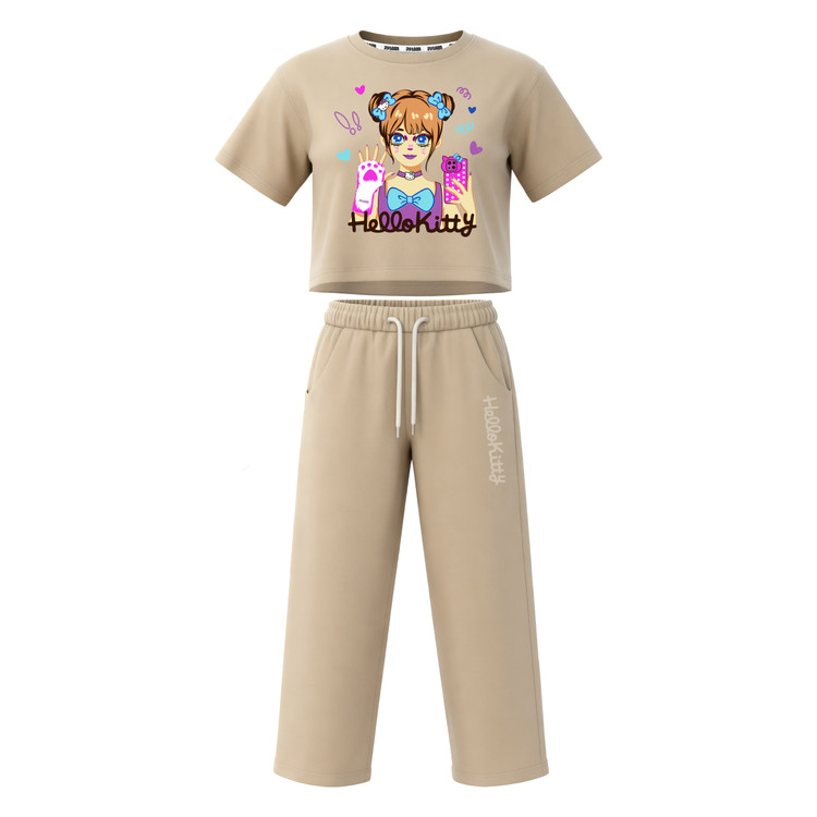 ست تیشرت آستین کوتاه کراپ باکسی و شلوار بگ دخترانه طرح کیتی hello kitty